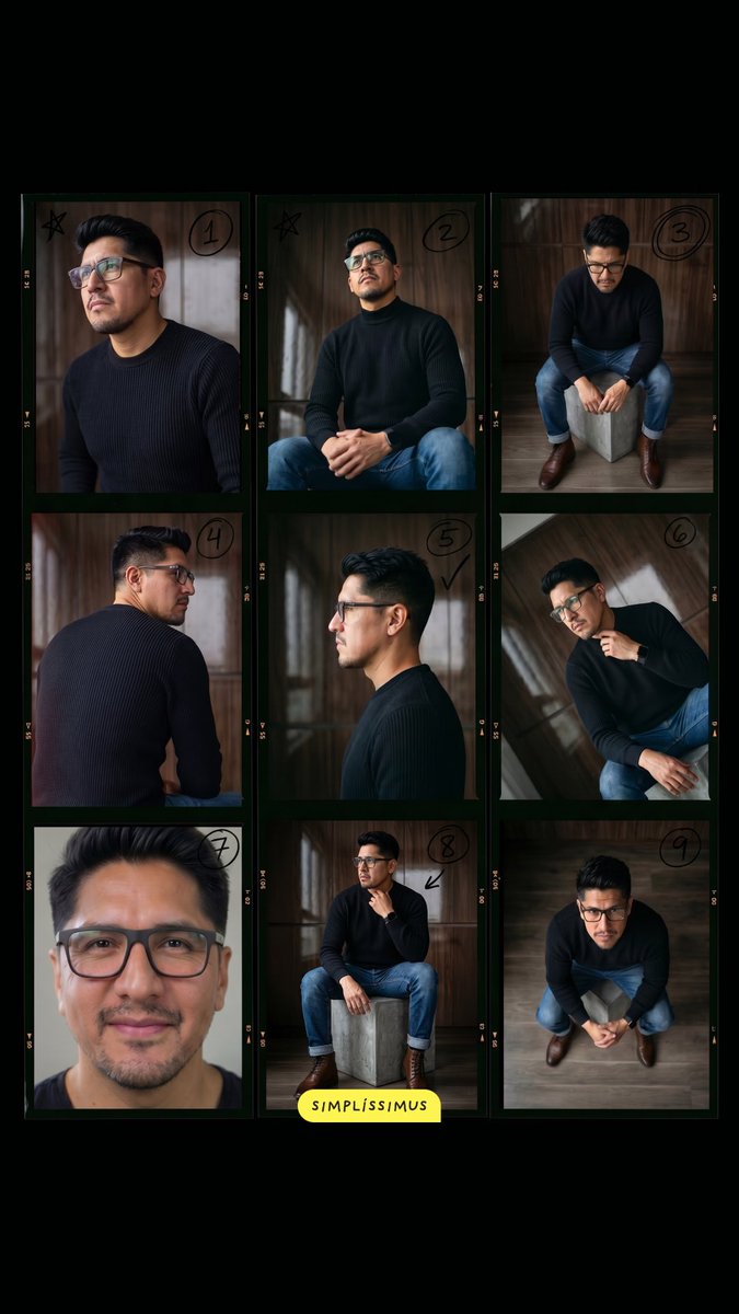 “创建一个高端电影感 3x3 接触印样（contact sheet）图像，设计成像高端时尚摄影的样片册。画面构图为一个 3×3 网格的电影接触印样，带有黑色边框和帧编号，印在带有细腻胶片颗粒和...