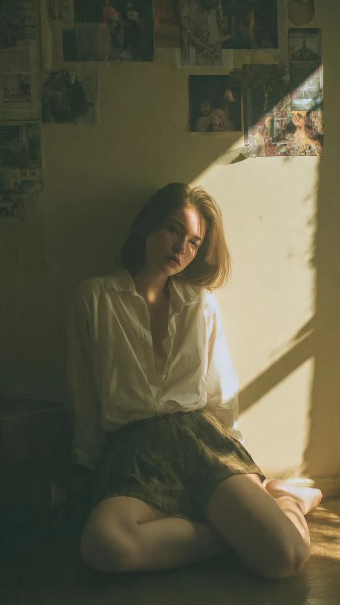 电影感肖像：一位年轻女性坐在一间小型复古房间的地板上，轻轻倚靠着墙壁，神情放松而内敛，柔和地望向镜头，身穿宽松的白衬衫和格纹裙，自然地盘腿而坐，房间里凌乱地贴满海报、纸张，墙上挂着旧物件，环境...