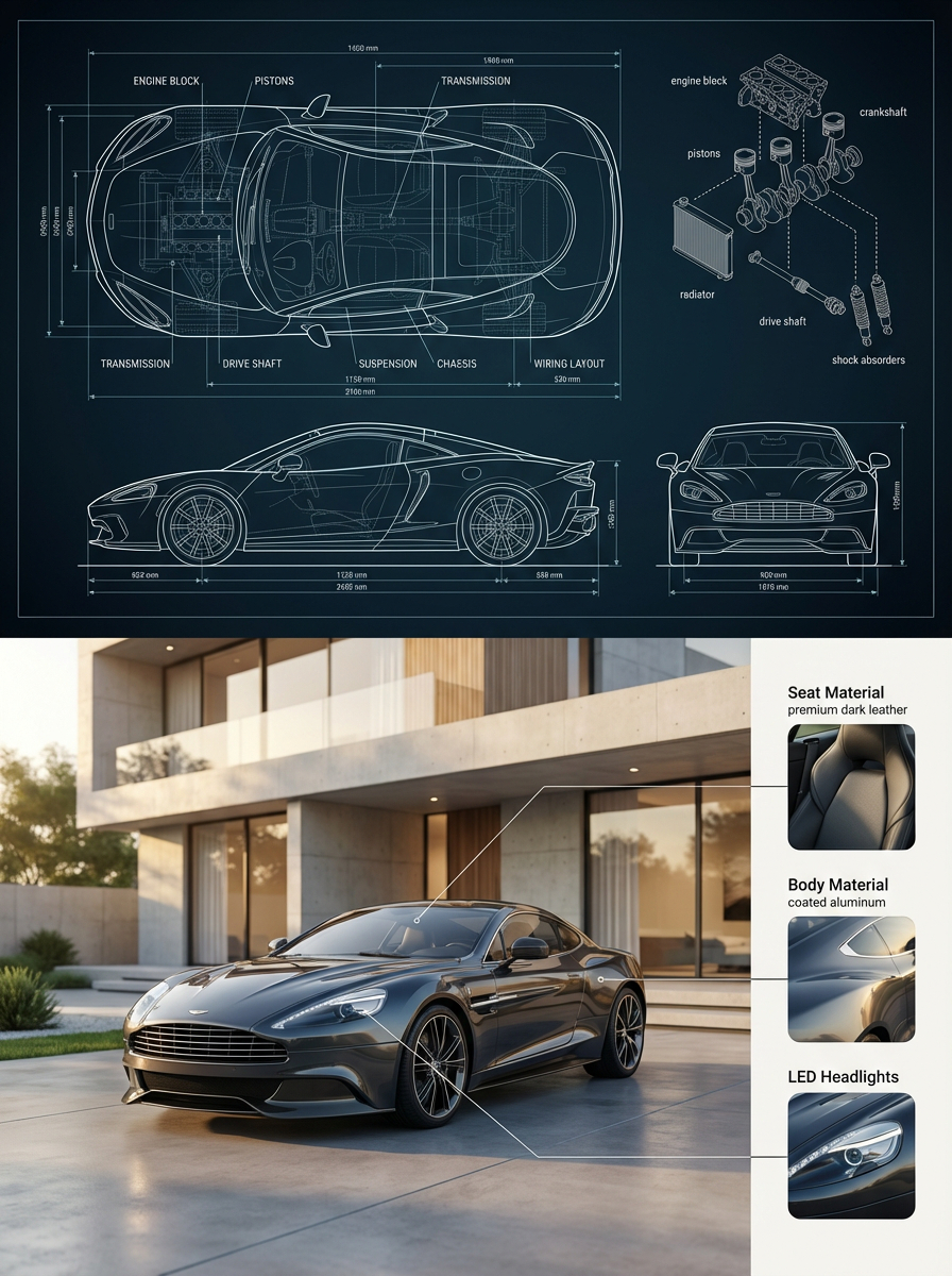 engineering blueprint, luxury automotive ad, product design presentation, ultra high-end, polish...