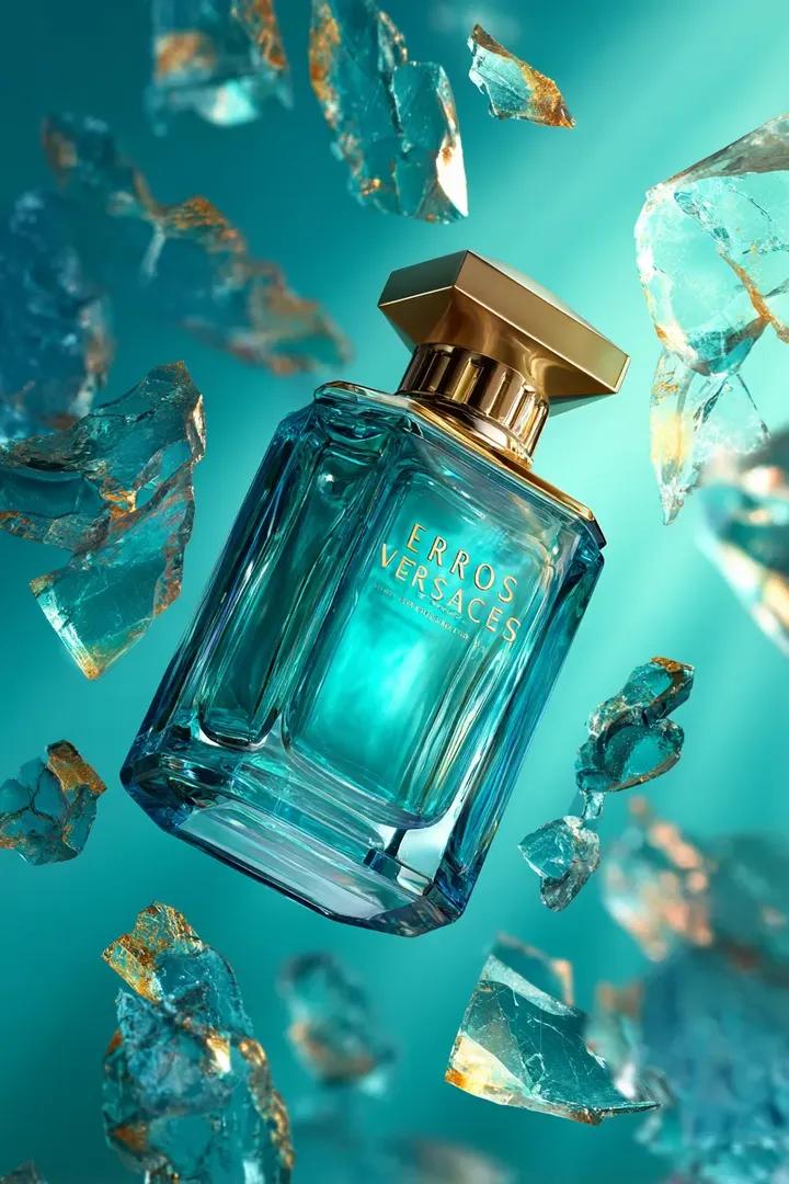 一瓶范思哲爱神（Versace Eros）香水瓶悬浮于半空之中，周围环绕着闪烁的青蓝色玻璃碎片，碎片边缘泛着金色反光，在干净的渐变白色背景上点缀着深绿松石色光影，营造出大胆的电影级阴影效果，打...
