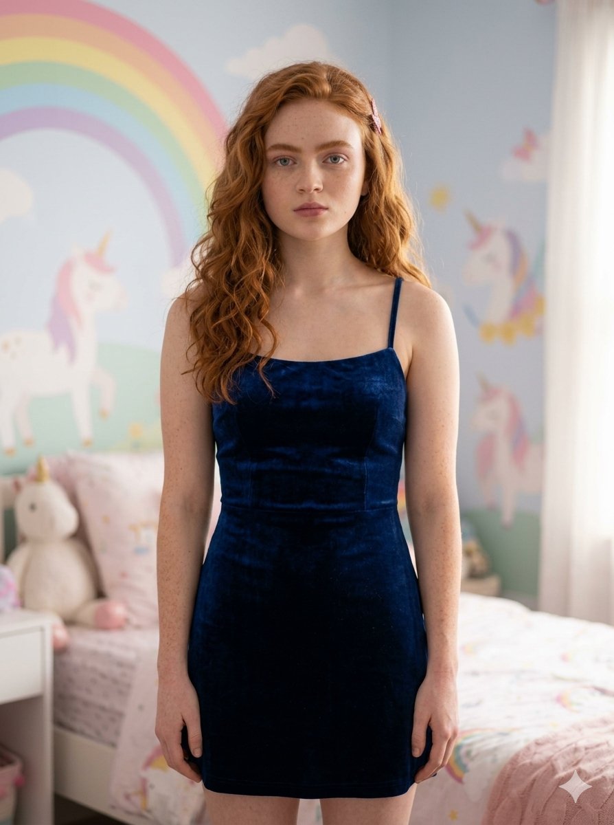 photorealistic, editorial, cinematic, 女性, young adult, long wavy red hair with bangs and a small...