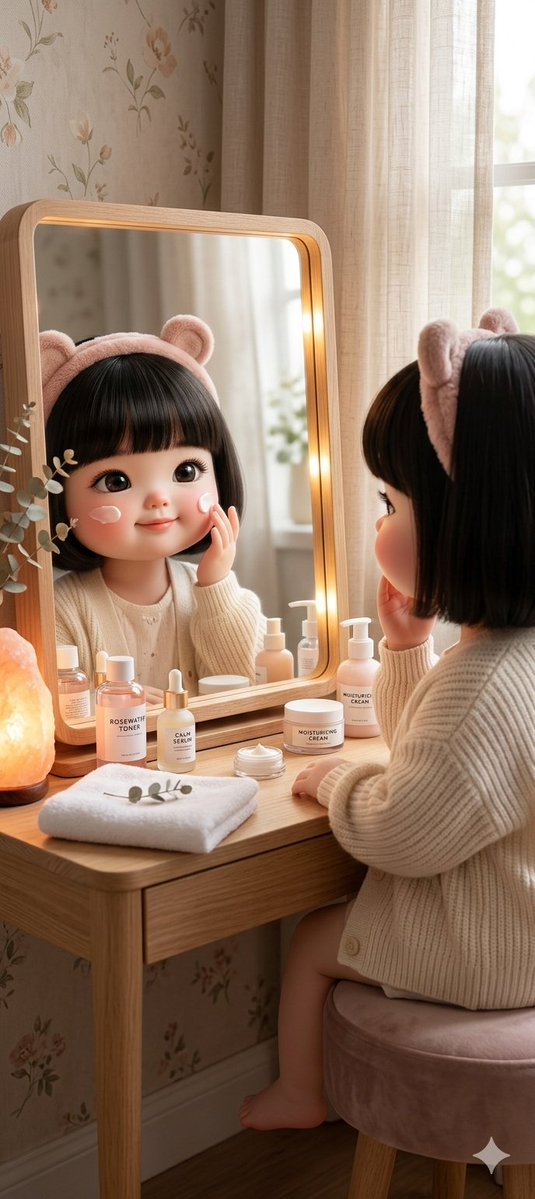 场景": { "描述": "一个柔和温馨的场景，一个小女孩在镜子前进行护肤流程", "环境": "整洁的梳妆台，上面摆放着小瓶护肤品，自然的室内场景", "光线": "温暖柔和的光线", "氛...
