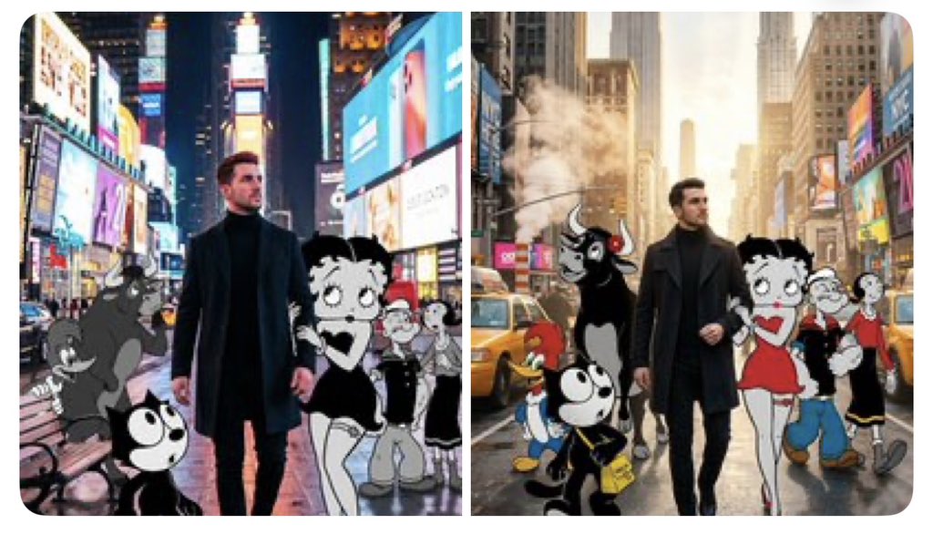 一张超现实、电影感十足的摄影作品，画面中我正穿行于纽约市。身侧是黑白呈现的角色： 菲利克斯猫；在另一侧，贝蒂娃娃挽着我的手臂； 我们身后是——啄木鸟伍迪、 费迪南德公牛、 大力水手波派、 以及...