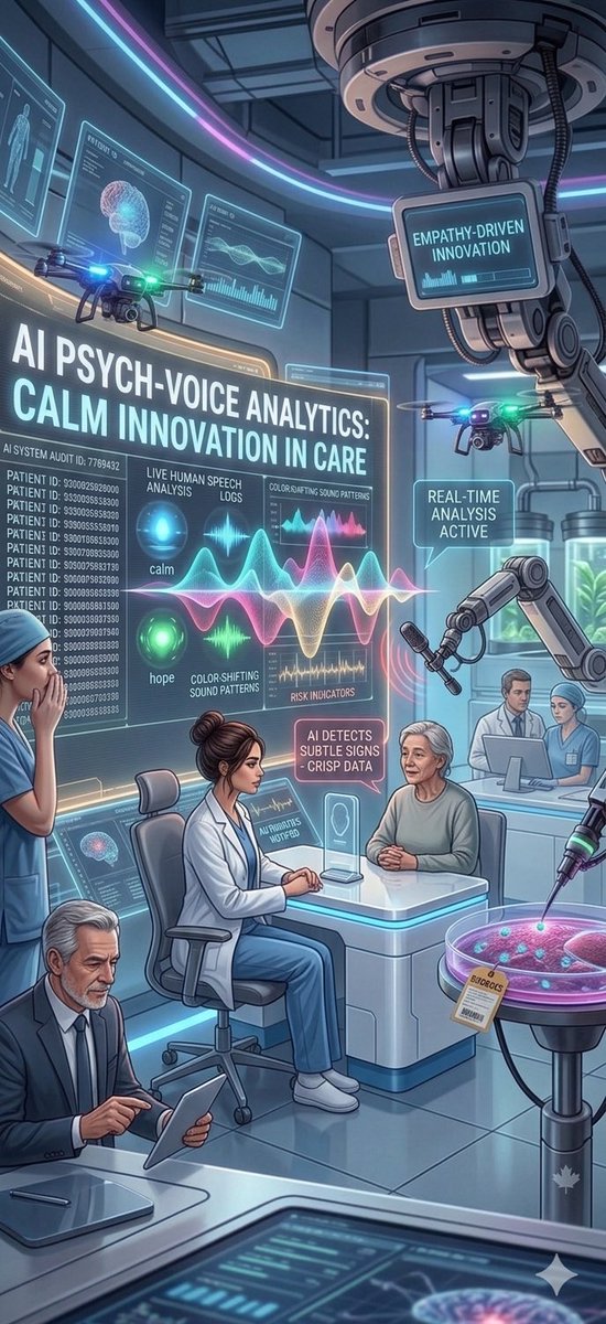 一家未来主义的加拿大心理健康实验室，人工智能系统在此实时分析人类的实时语音，将情绪困扰可视化为发光波形和颜色变化的声音模式。一名冷静的临床医生坐在患者身旁，患者正对着透明语音扫描仪轻声说话。人...