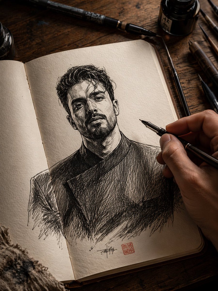 基于上传的参考图像,绘制一幅超精细的手绘钢笔插画,描绘一名男子。面部必须严格符合参考图像(相同的五官结构、发型、胡须细节和表情)。该男子正在一本摊开的小型笔记本上被绘制,使用一支细尖钢笔,可见...