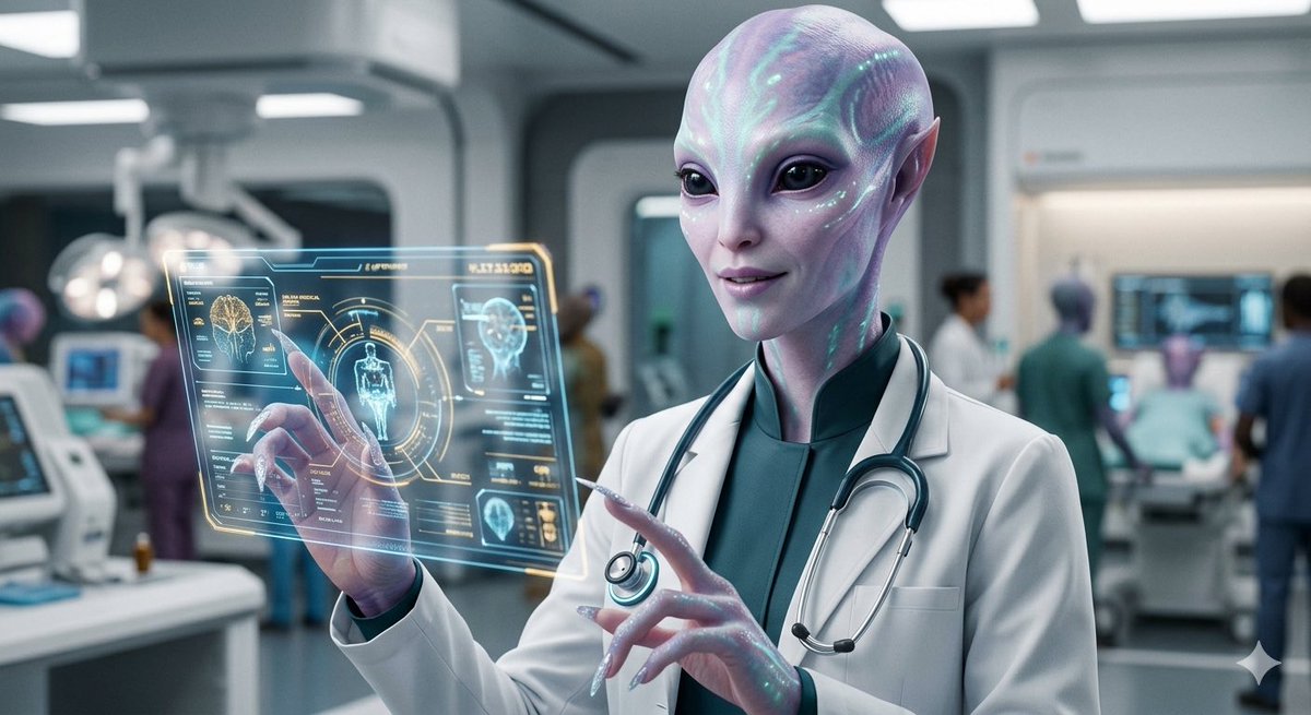 一张引人入胜、超细节的美丽而富有同情心的外星女医生照片，她拥有虹彩般的紫罗兰色与水蓝色皮肤、明亮发光的黑曜石大眼睛，以及精致的面部生物发光纹路，身着带有发光电路装饰的未来感医疗白大褂，内搭深色...