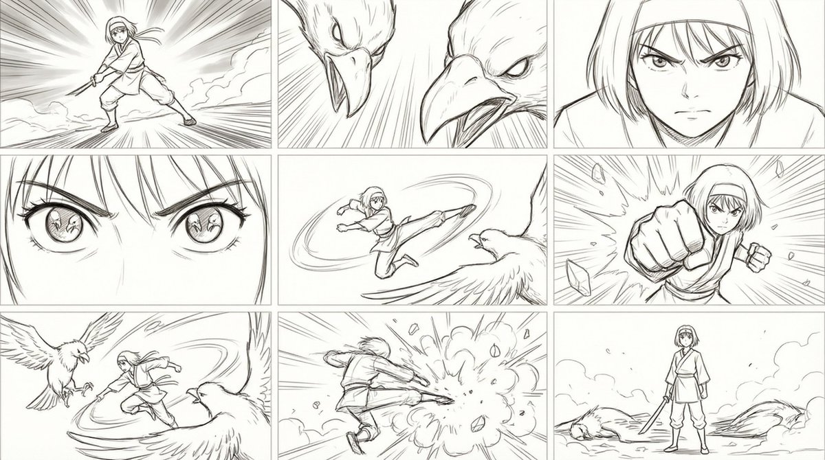 我需要绘制一个动作作画（sakuga）场景，日式少年漫风格的典型战斗：主角少女英雄对抗两只巨鸟。动作流程如下： 1. 大透视镜头，展示主角摆出攻击姿势 2. 然后是两只巨鸟的强烈短缩透视镜头...