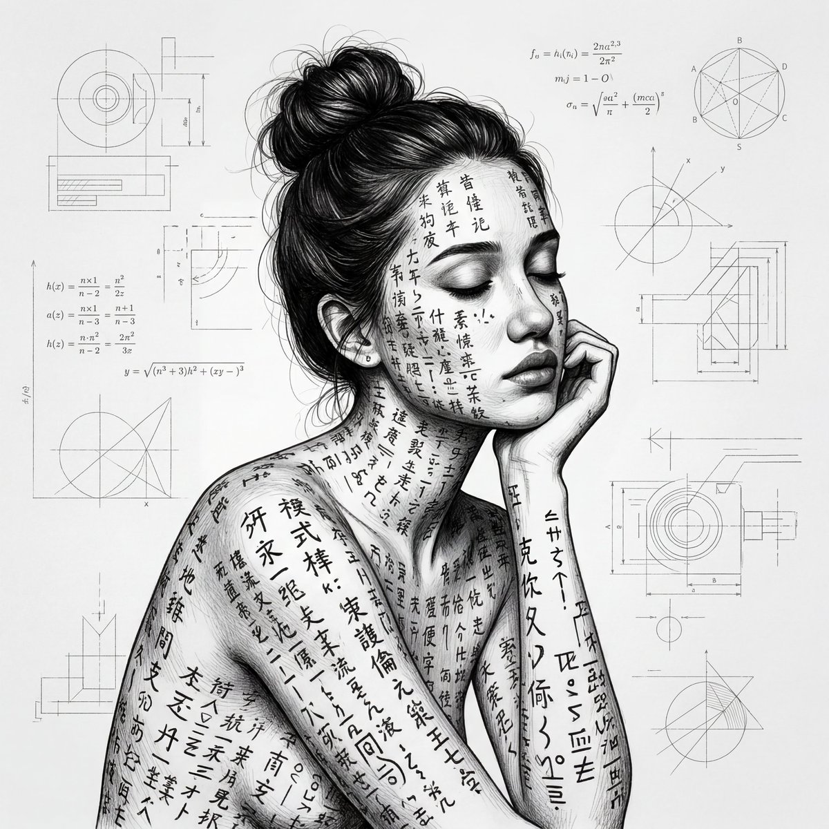 一张超现实主义的年轻女性黑白肖像，她头发扎成凌乱发髻，画面展示腰部以上，她姿态柔和、若有所思。她的整个身体和面部都布满了层层叠叠密密麻麻的手写东亚字符和印刷符号，像有生命的墨水一样与她的皮肤无...