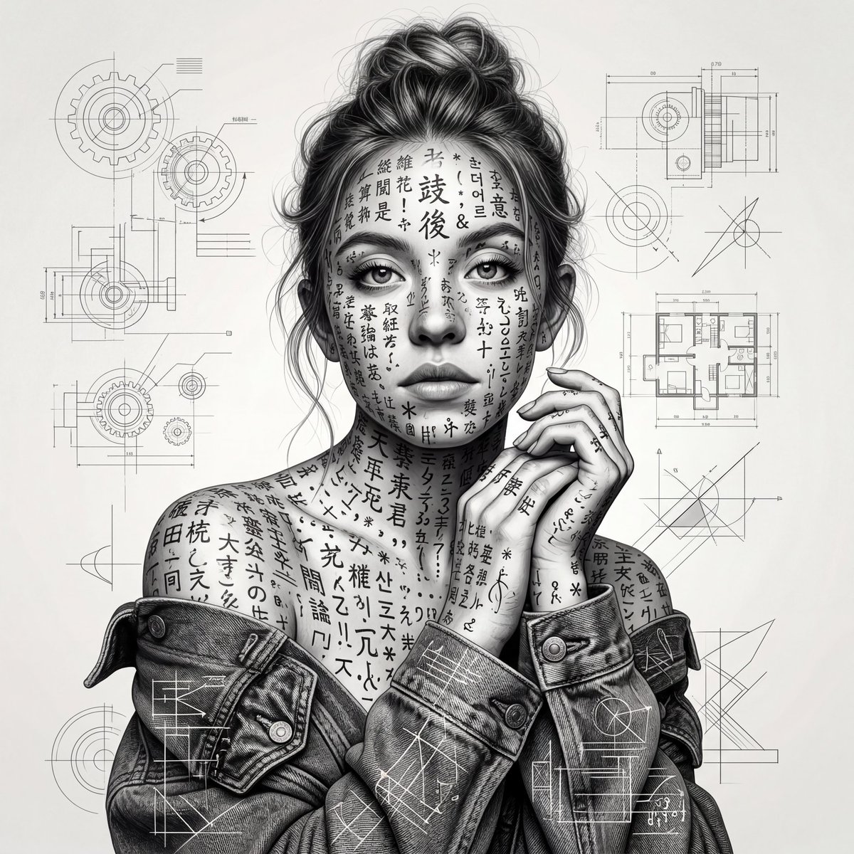一张超现实主义的年轻女性黑白肖像，她头发扎成凌乱发髻，画面展示腰部以上，她姿态柔和、若有所思。她的整个身体和面部都布满了层层叠叠密密麻麻的手写东亚字符和印刷符号，像有生命的墨水一样与她的皮肤无...
