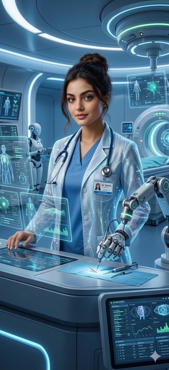 一位自信的女性医生在一家未来主义医院中工作，周围环绕着显示患者数据的全息人工智能屏幕，帮助手术的机器人助手，柔和的蓝色灯光，先进的医疗技术，她脸上富有同情心的表情，融合了人文关怀与人工智能，超...