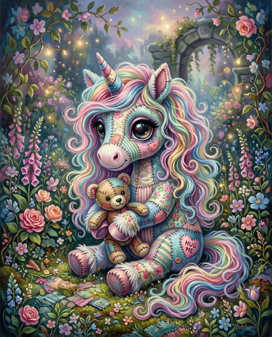 一幅奇思妙想的超现实主义油画插画，画中是一只超级可爱的拼布织物毛绒僵尸{subject}，有着超大而富有表现力的玻璃般眼睛，彩虹色的长卷发以柔和的波浪飘动，轻轻地抱着一只小泰迪熊，四周环绕着一...