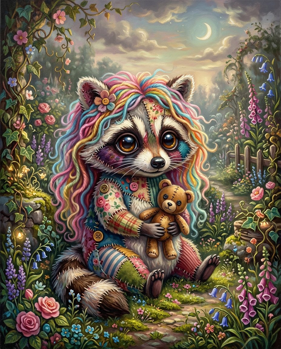 一幅奇思妙想的超现实主义油画插画，画中是一只超级可爱的拼布织物毛绒僵尸{subject}，有着超大而富有表现力的玻璃般眼睛，彩虹色的长卷发以柔和的波浪飘动，轻轻地抱着一只小泰迪熊，四周环绕着一...