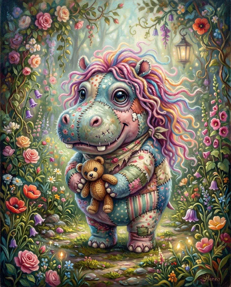 一幅奇思妙想的超现实主义油画插画，画中是一只超级可爱的拼布织物毛绒僵尸{subject}，有着超大而富有表现力的玻璃般眼睛，彩虹色的长卷发以柔和的波浪飘动，轻轻地抱着一只小泰迪熊，四周环绕着一...