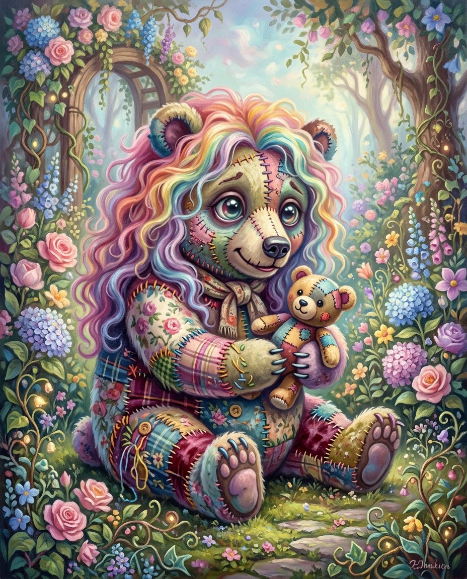 一幅奇思妙想的超现实主义油画插画，画中是一只超级可爱的拼布织物毛绒僵尸{subject}，有着超大而富有表现力的玻璃般眼睛，彩虹色的长卷发以柔和的波浪飘动，轻轻地抱着一只小泰迪熊，四周环绕着一...
