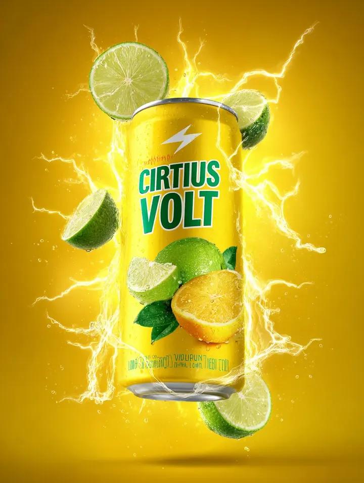 一个金属黄色的易拉罐,标签上写着"Citrus Volt",印有柠檬和青柠的水果图案,周围飞溅着柠檬汁,青柠片在空中飞舞,伴有发光的霓虹黄色火花和闪电。明亮极简的背景,带有强烈聚光灯效果。超清...