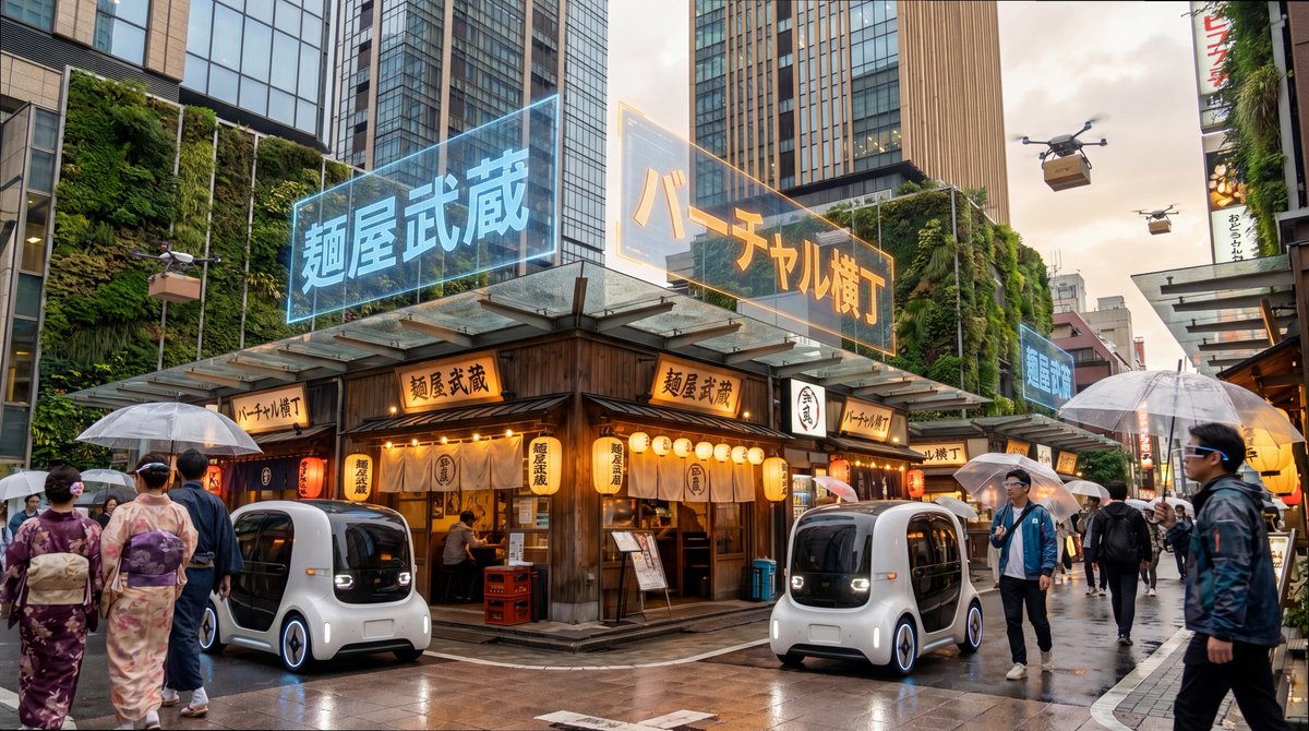 2050年东京街角的超写实概念摄影照片，全息日文招牌漂浮在传统居酒屋上方，自动驾驶舱车从行人身旁滑过，垂直花园从摩天大楼倾泻而下，空中可见无人机配送网络，微妙的赛博朋克美学与保留的传统元素相融...