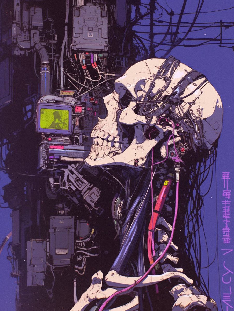 宣传海报设计, 精细风格插画细线艺术, 硬阴影, 专业工作室插画, 细线艺术, 精细插画 最佳质量, 惊艳色彩, 人形赛博格白色骷髅, 精细面部, 张开的嘴, 中景, 精细骷髅骨骼, 可见的肋...
