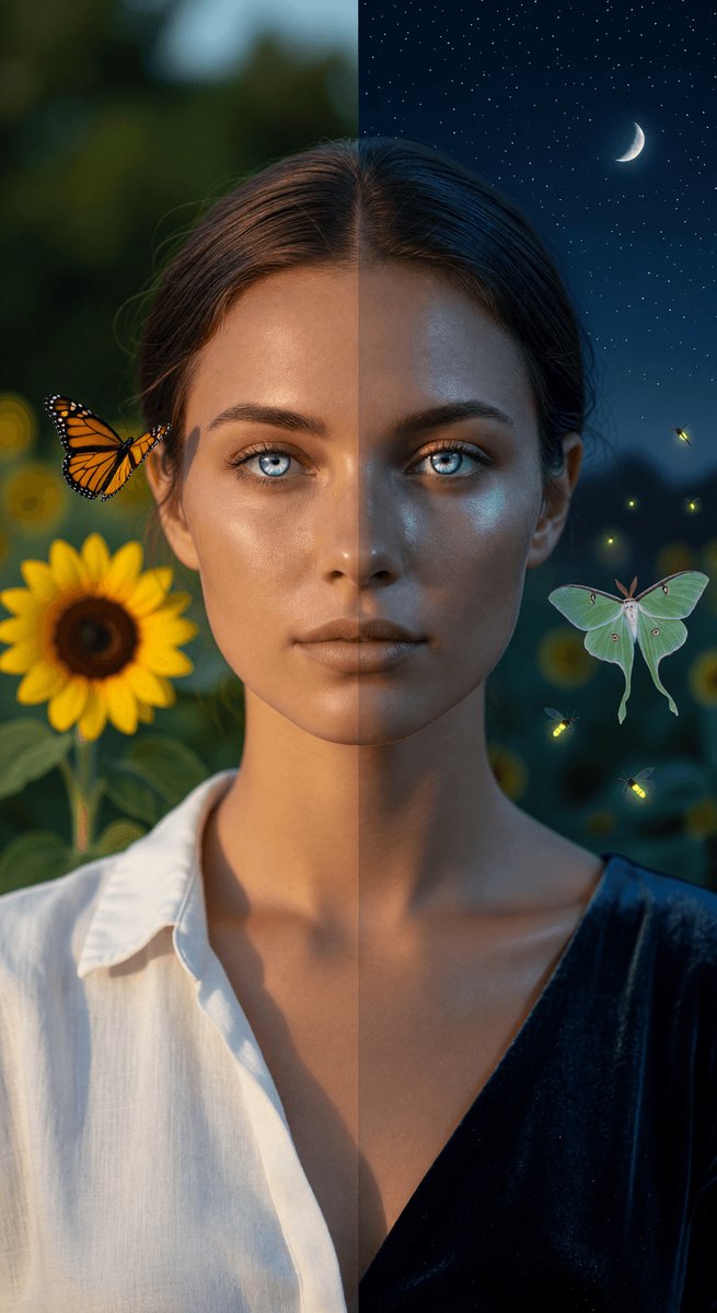 Grok Imagine Image Pro 提示词分享。 昼与夜分割肖像 一张年轻女性的单幅肖像，她脸部的左半部分是明亮、温暖的白昼，右半部分是冷色调、蓝色的夜晚——沿鼻梁中线垂直分割。 左...