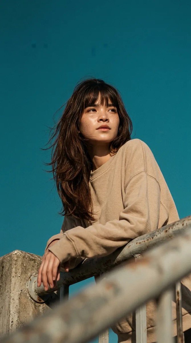 电影感人像照：一位年轻女子倚靠在混凝土栏杆上，身穿宽松米色卫衣，柔和的自然阳光在她脸上投下温暖的色调，背景为清澈的青蓝色天空，淡淡的雀斑，中长深棕色头发配刘海在微风中轻轻飘动，低角度拍摄，极简...