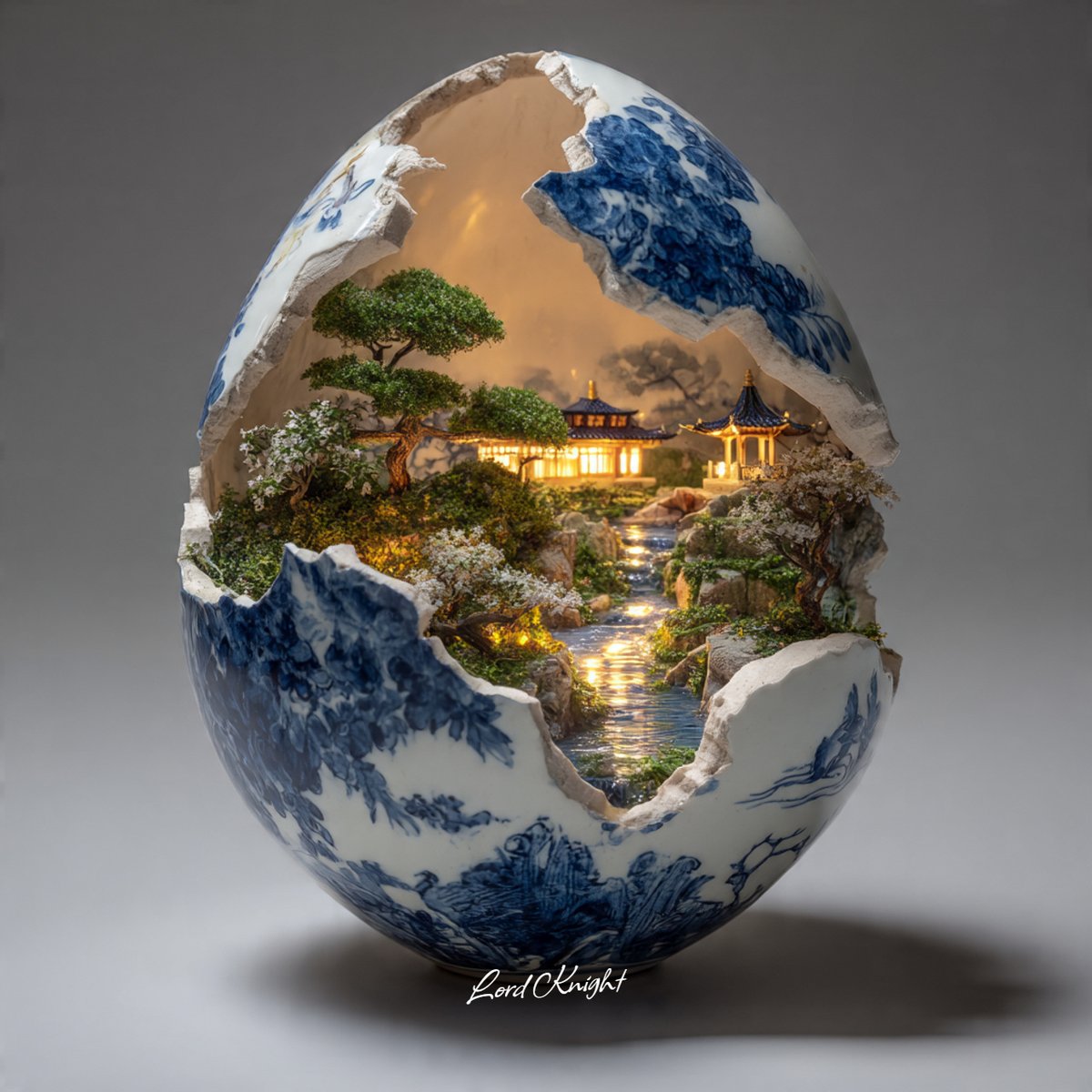 高度精细的陶瓷雕塑场景：一个破裂的瓷质球体静置在素雅的中性表面上，破开的开口露出内部生动的微型世界——郁郁葱葱的绿植、潺潺流水与柔和的光辉——光泽与哑光质感交织，表面纹理细腻微妙…… >...