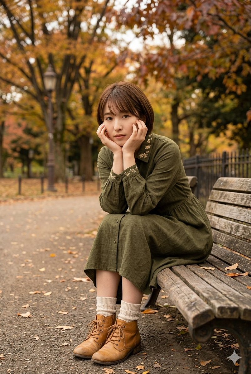 一张全身、垂直的电影感肖像照，照片中的年轻女子面容柔和、表情细腻，留着一头棕色短发，若有所思地坐在一张饱经风霜的木质公园长椅上。她双手托着下巴，呈现出经典的沉思姿态。她身穿一件橄榄绿色长袖中长...