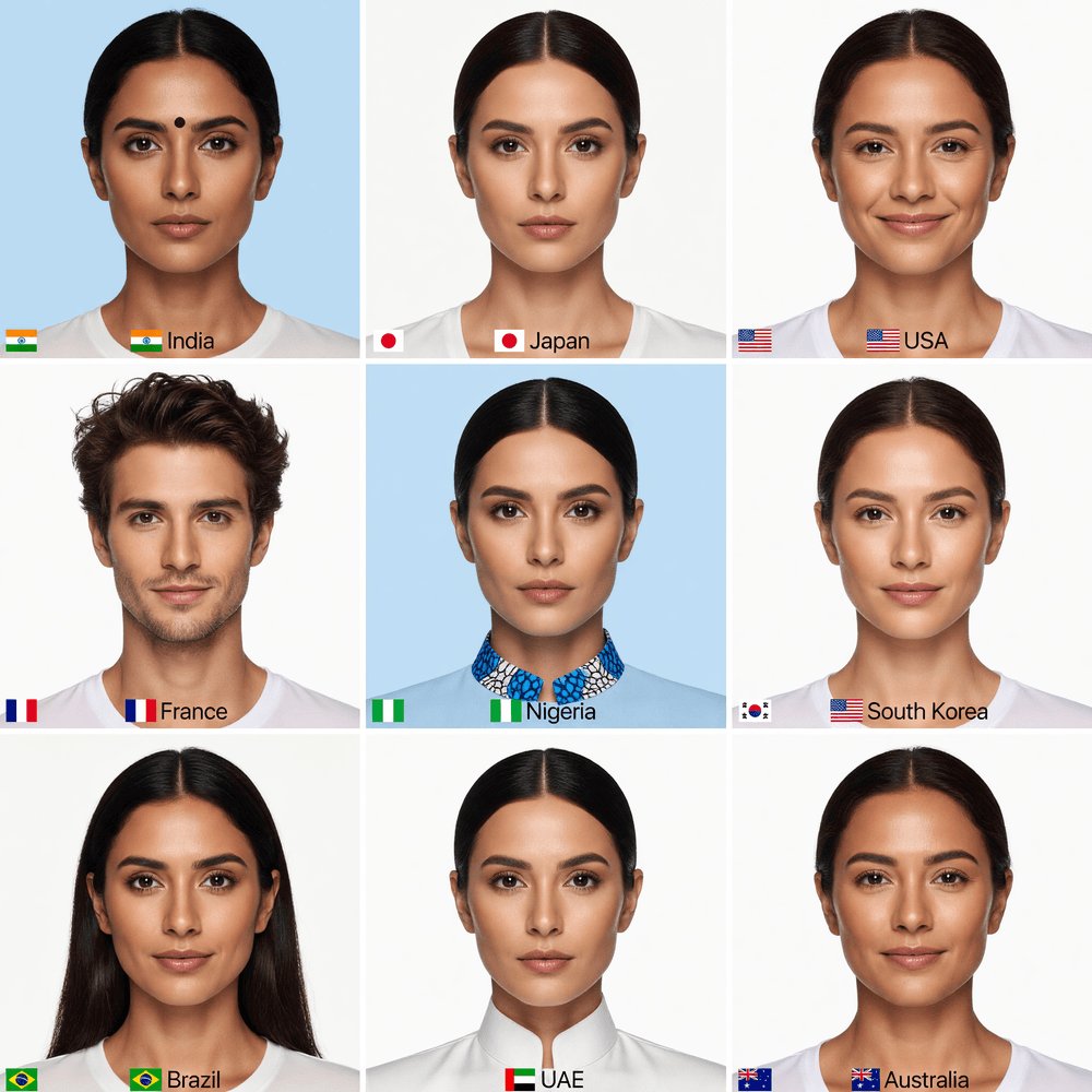 Grok Imagine Image Pro 提示词分享。 𝗣𝗮𝘀𝘀𝗽𝗼𝗿𝘁 𝗣𝗵𝗼𝘁𝗼 𝗔𝗿𝗼𝘂𝗻𝗱 𝘁𝗵𝗲 𝗪𝗼𝗿𝗹𝗱（环游世界的护照照片） 一个 3×3 网格（9 幅图）的护照/证件照片...