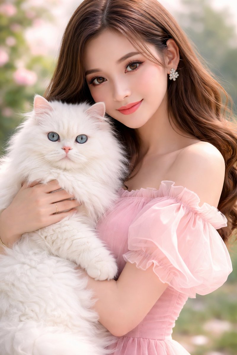 一张柔和的特写人像摄影作品，画面中一位年轻女子身穿淡粉色连衣裙，搭配精致轻盈的泡泡袖，温柔地怀抱着一只蓬松的白色波斯猫。她有着长而柔顺的发型、自然透亮的妆容，以及温暖宁静的表情。猫咪毛茸茸的，...