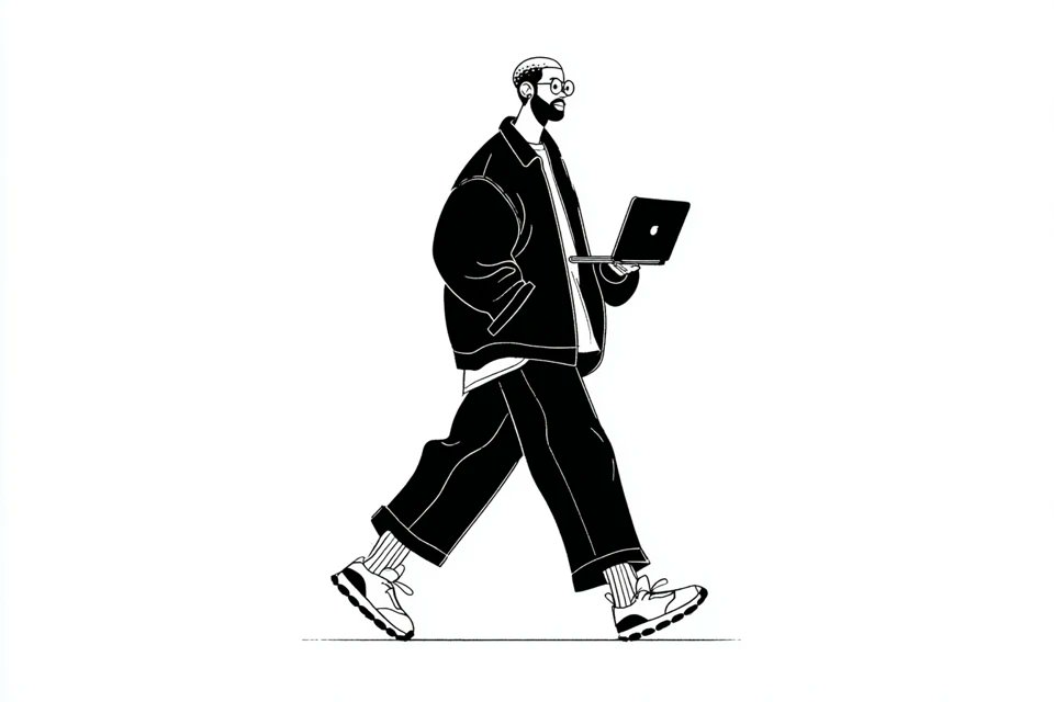 一幅简单的黑白插画，画面中是[主体]穿着[服装]，[正在做某事]，脸上带着[面部表情]的神情，采用 Notion 风格的极简编辑美学，干净的线条艺术，扁平的单色设计，简单的形状，微妙的手绘感，...