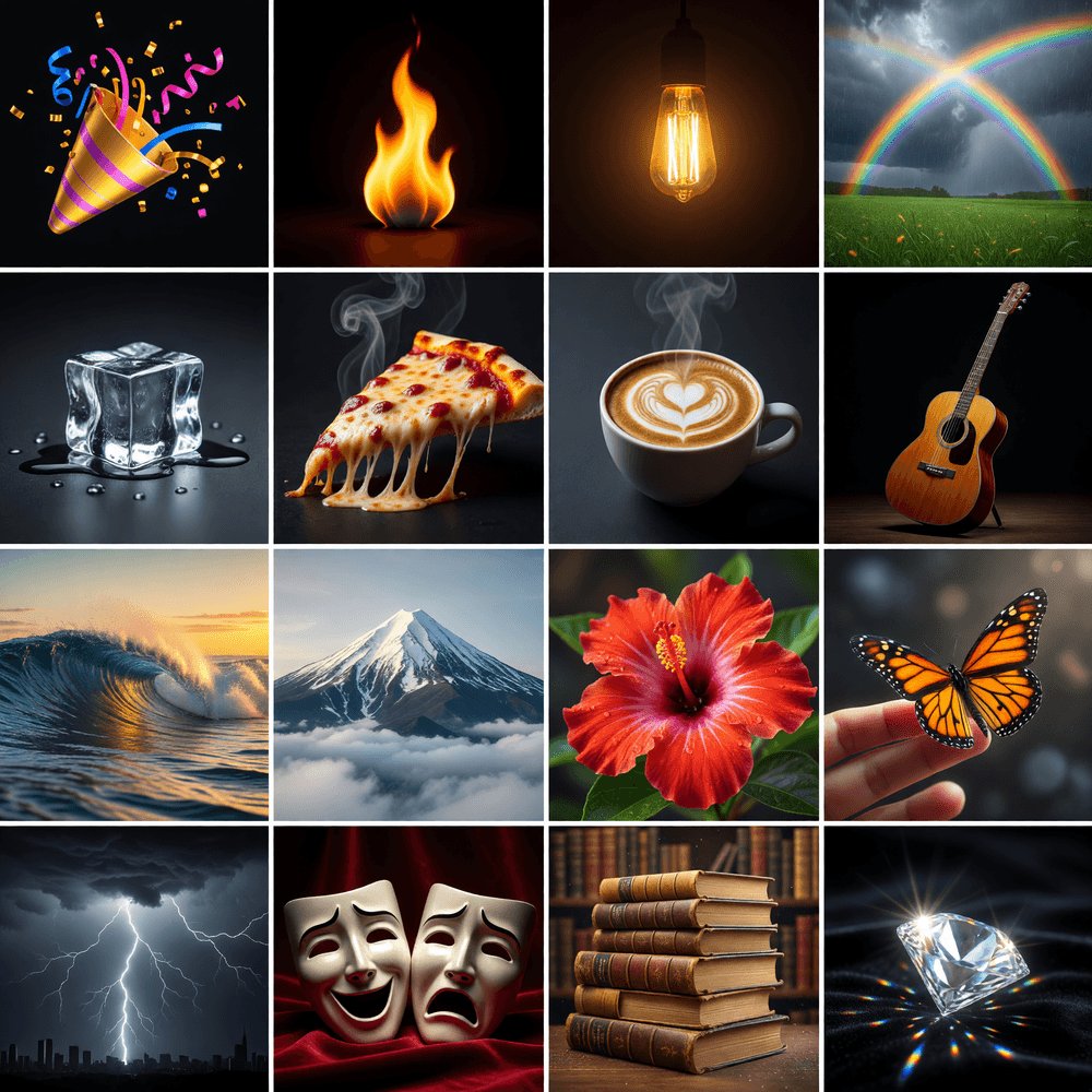 Grok Imagine Image Pro 提示词分享。 𝗘𝗺𝗼𝗷𝗶 𝗶𝗻 𝗥𝗲𝗮𝗹 𝗟𝗶𝗳𝗲（真实生活中的表情符号） 一个 4×4 网格（16 个面板），展示流行表情符号的真实生活摄影重现...