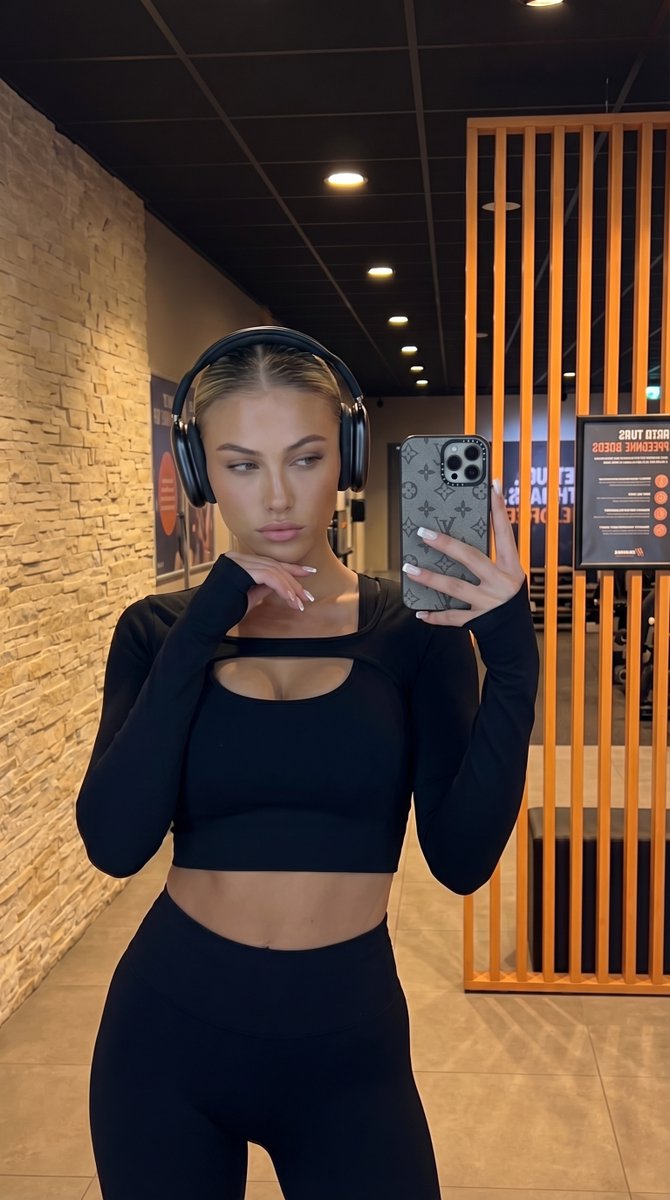 健身房自拍 ✨ Nano banana 2 🍌 { "prompt": "Woman taking a mirror selfie in a gym or fitness club, one...