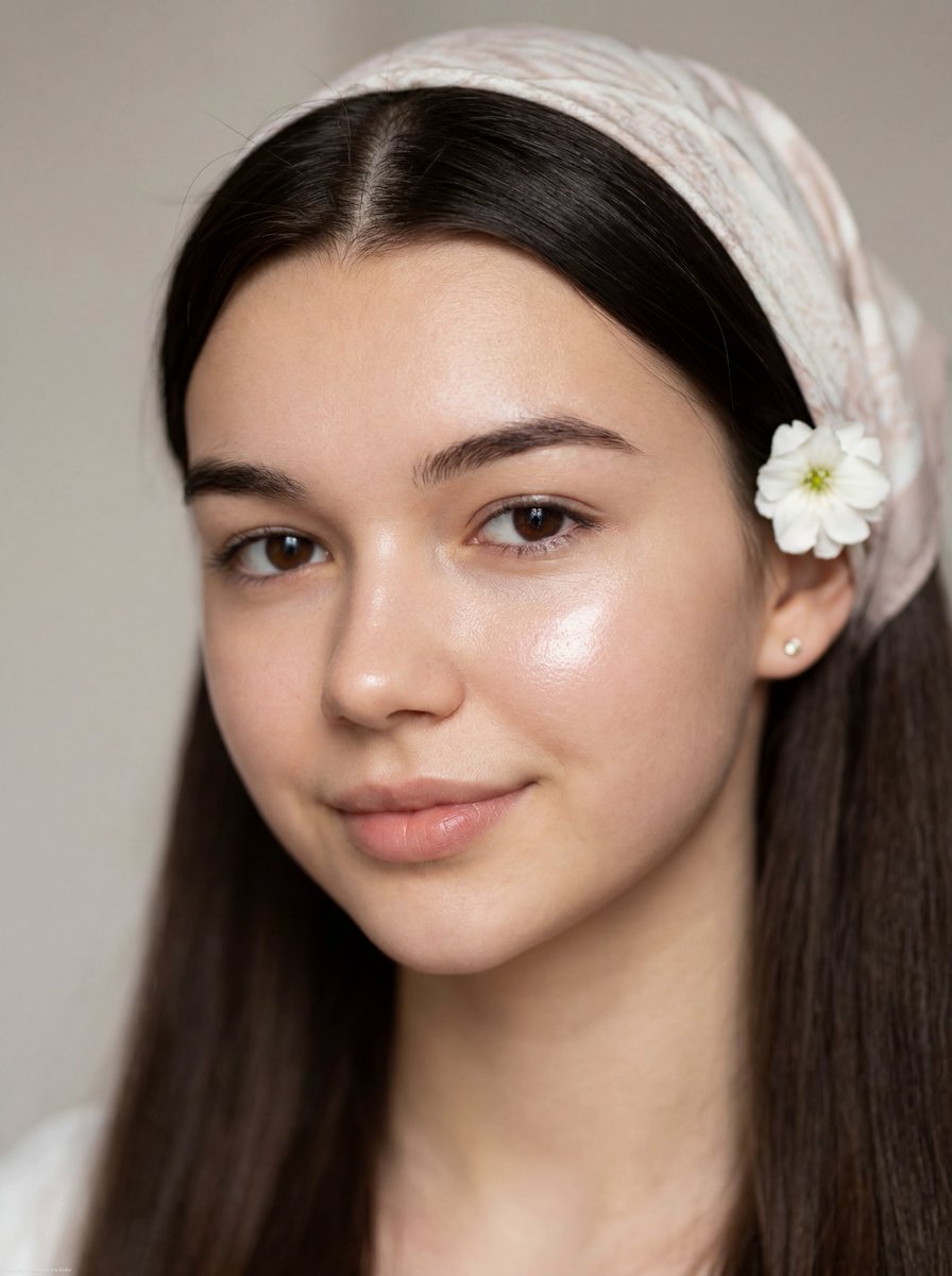 close-up portrait of a young woman, slightly angled face with head gently tilted, soft calm expr...