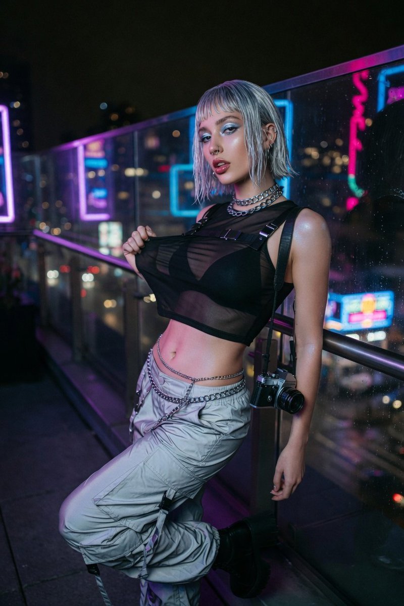 { "主体": { "描述": "年轻女子在高科技城市环境中摆姿势，回头望向镜头。", "镜像规则": "不适用", "年龄": "20岁出头", "表情": { "眼睛": { "神态":...