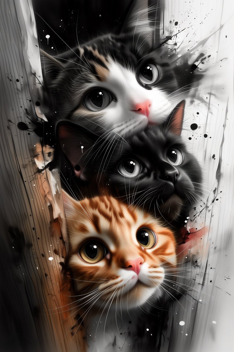 一群猫紧紧叠在一起，从狭窄的木缝中探头张望，多张面孔清晰可见（黑猫、姜黄猫、虎斑猫），眼神富于表现力，构图亲密，朝向观者，毛发刻画极为精细，整体为暗黑单色水墨插画风格，仅使用黑白两色，高对比度...