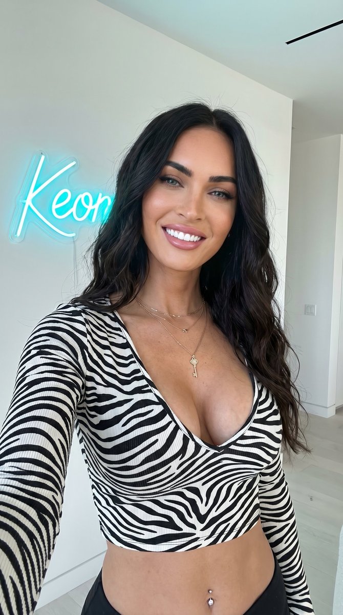 美丽的Megan Fox，留着深色波浪长发，小麦色肌肤，绽放明亮真诚的笑容露出完美洁白的牙齿，在一间明亮的现代房间里自拍，身穿一件紧身斑马纹罗纹长袖短款上衣，深V领设计凸显她的胸部线条，肚脐穿...
