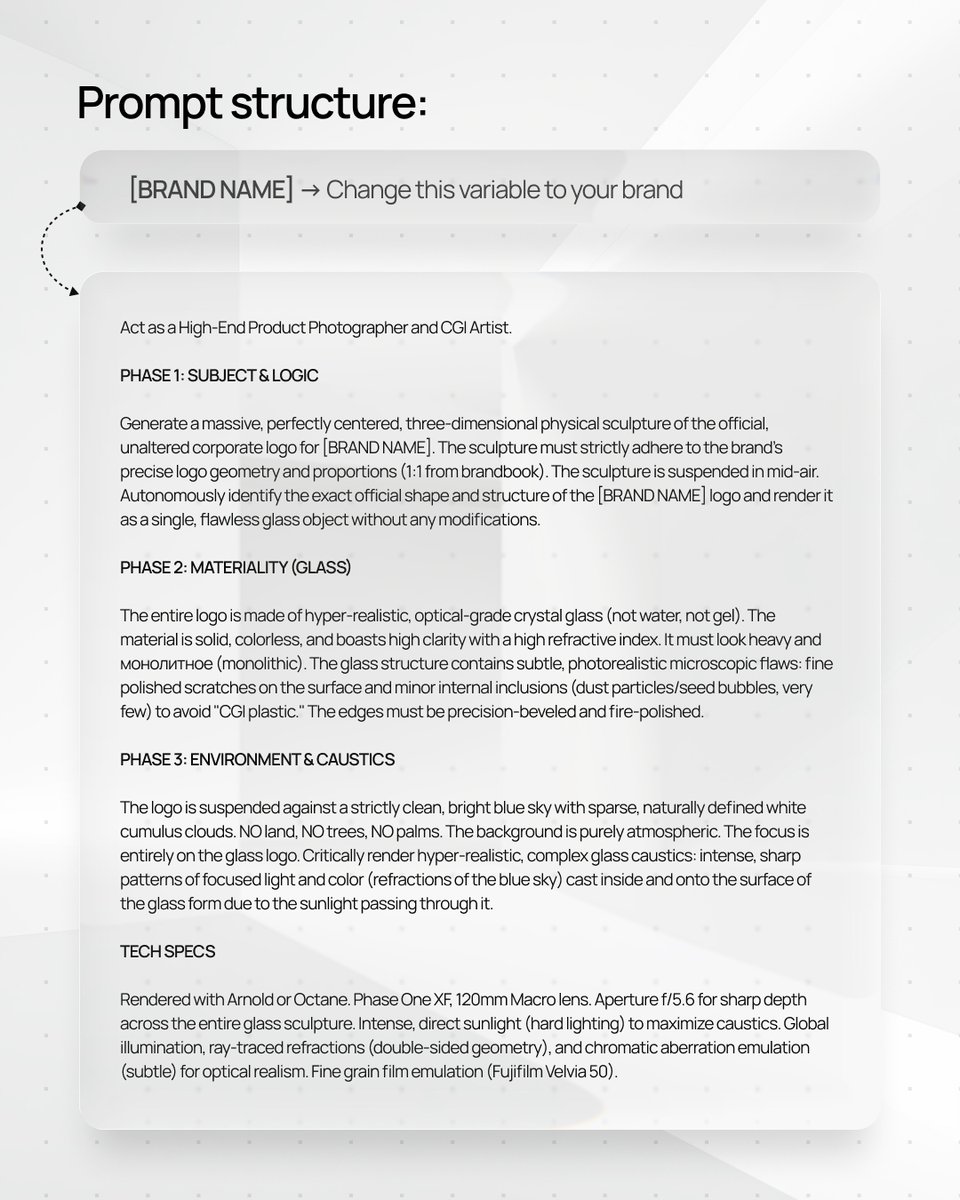（在此访问 Nano Banana 2：https://t.co/ZGSugSciR3） [BRAND NAME]。 请扮演高端产品摄影师与 CGI 艺术家。 阶段一：主体与逻辑 为 [BRA...
