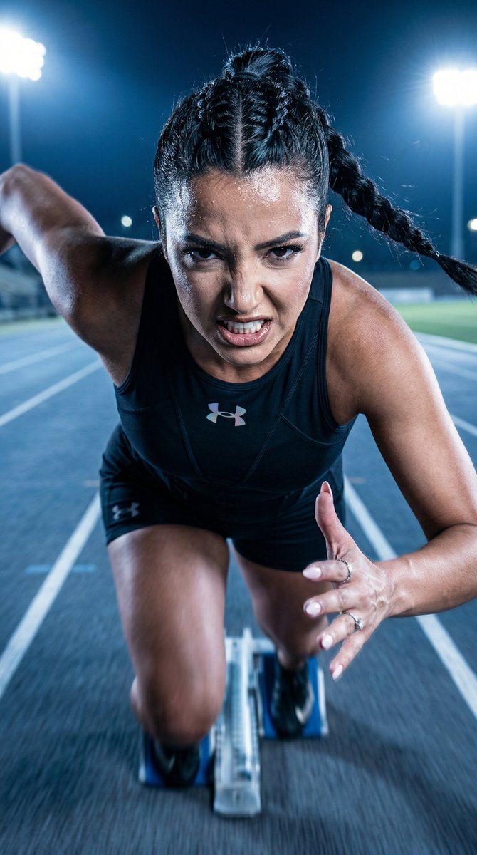 Under Armour 运动表现主题广告大片。相机：Nikon Z9，70mm f2，戏剧化高角度镜头，随后切换至极近景合成画面。色彩调性：电光蓝、哑光黑、金属银。一位女性从田径赛道起跑器上...