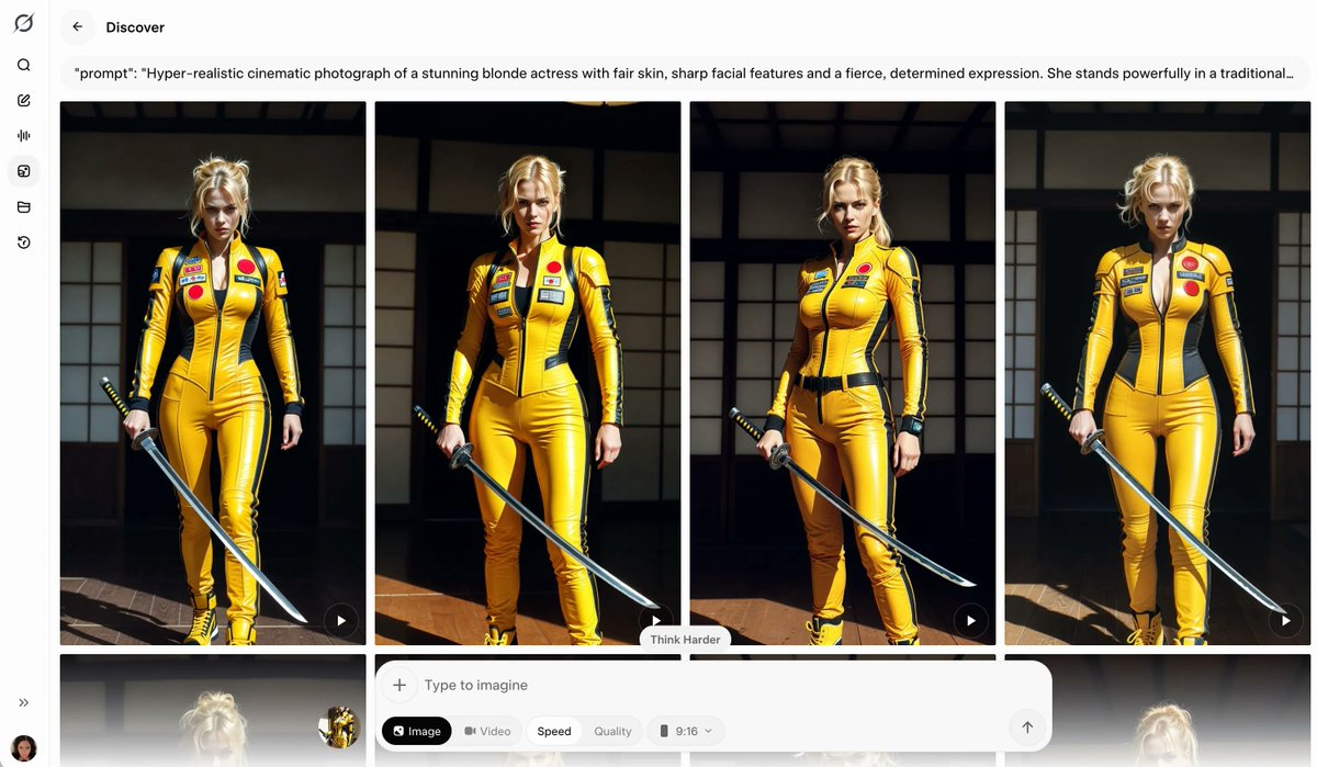 超写实风格 Grok Imagine 提示词分享 "prompt": "Hyper-realistic cinematic photograph of a stunning blonde ac...