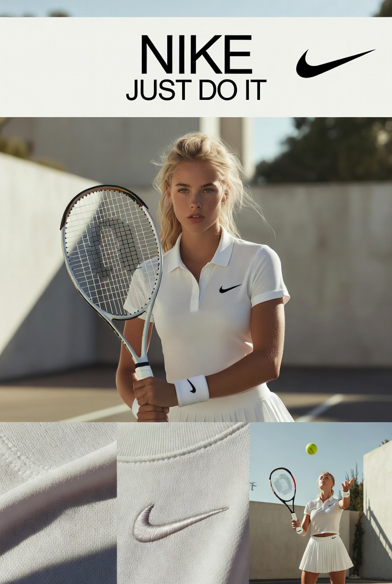 为 Nike 创建一个 3:4 比例的高端网球时尚广告,采用多格编辑网格布局,包含 3 行 2 列,以及一个顶部横幅。使用细白色分隔线和干净、杂志风格的对齐方式。 在顶部,放置一个干净的白色横...