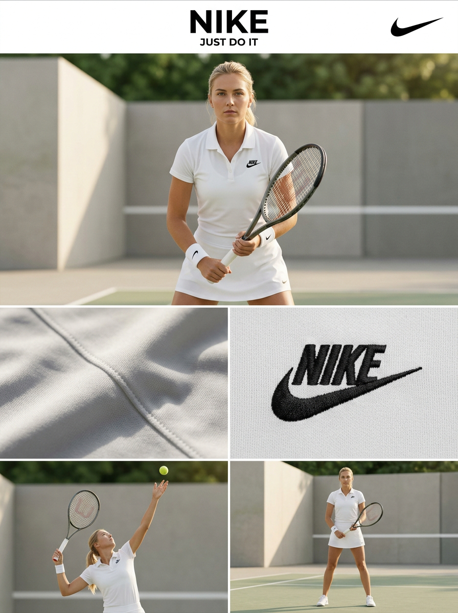 为 Nike 创建一个 3:4 比例的高端网球时尚广告,采用多格编辑网格布局,包含 3 行 2 列,以及一个顶部横幅。使用细白色分隔线和干净、杂志风格的对齐方式。 在顶部,放置一个干净的白色横...