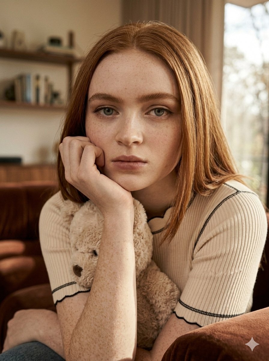 "Uma fotografia editorial de moda em estilo fotorrealista apresenta Sadie Sink em um ambiente in...
