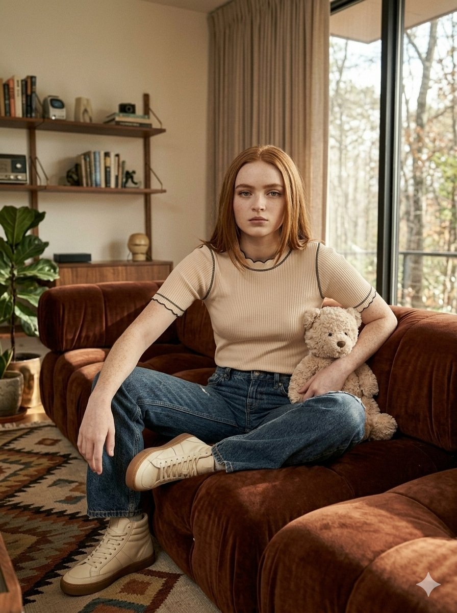"Uma fotografia editorial de moda em estilo fotorrealista apresenta Sadie Sink em um ambiente in...