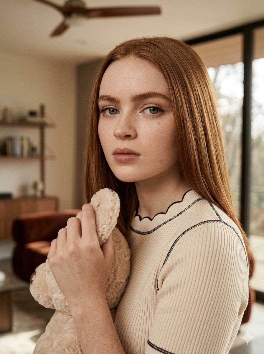 "Uma fotografia editorial de moda em estilo fotorrealista apresenta Sadie Sink em um ambiente in...