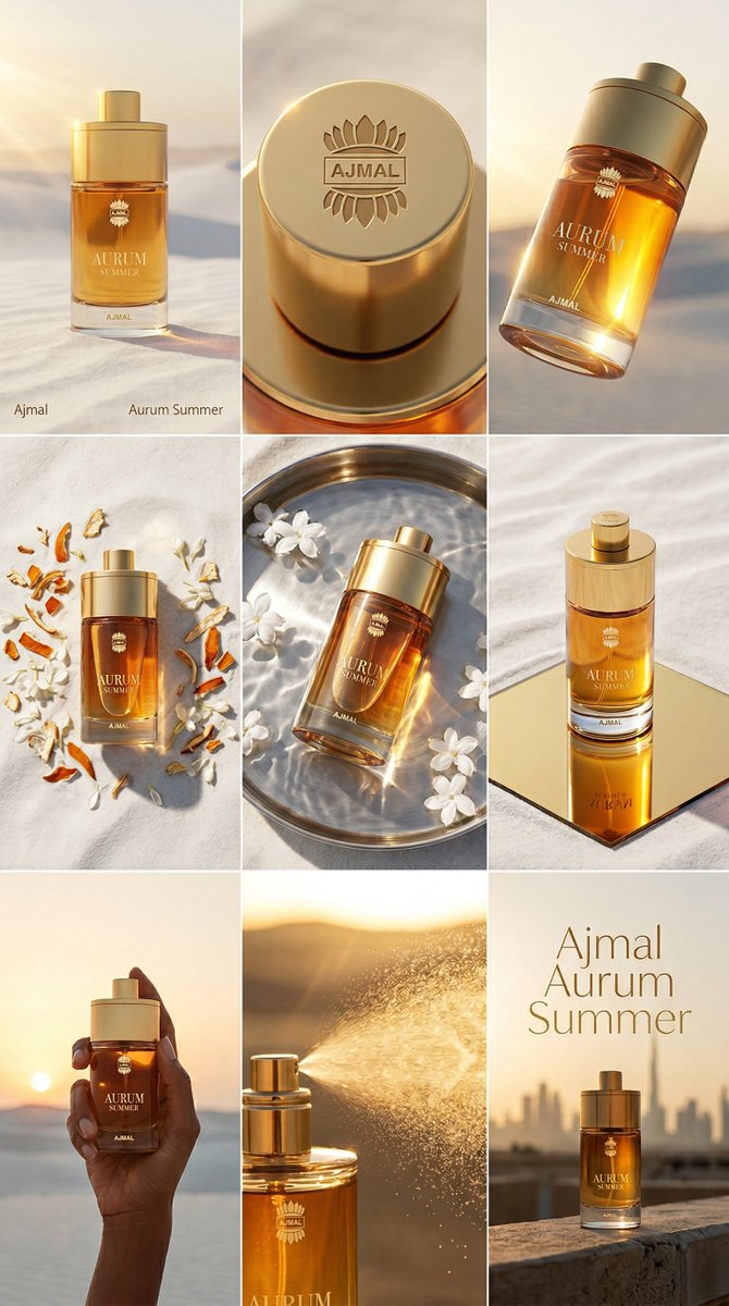 无缝衔接的15秒奢华香水广告片,Aurum Summer EDP(淡香精)。请勿展示分镜表——仅将场景作为参考。场景1(0–3秒):电影感慢速推...
