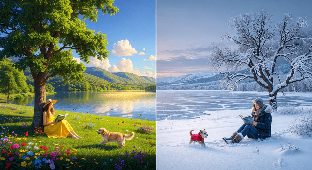 Grok Imagine Image Pro 提示词分享。 𝗧𝘄𝗼 𝗦𝗲𝗮𝘀𝗼𝗻𝘀 𝗶𝗻 𝗢𝗻𝗲 𝗙𝗿𝗮𝗺𝗲（一帧之中，两个季节） 一张构图完美的风景摄影作品，画面左半部分是夏天，右半部分是冬...