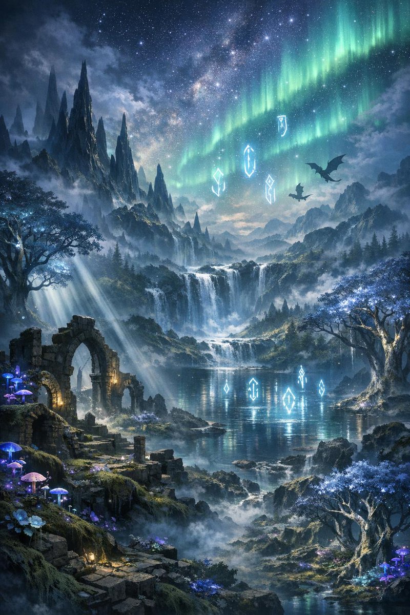 一片广袤、空灵的奇幻景观在黄昏时分展开，锯齿状的黑曜石尖塔刺破深靛蓝与翡翠绿交织的极光闪烁的天幕，古老的生物发光……更多内容请参见替代文本 #aiart https://t.co/n3VIUm...