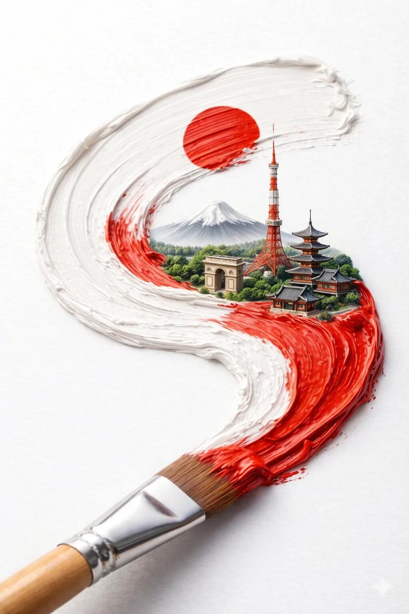 一张超写实的微距照片，画面中一支画笔在干净的白色背景上留下一道厚实、带有质感的笔触。颜料呈现出 [COUNTRY FLAG]（国旗）的形状与色彩，如波浪般动态流淌。在笔触内部，逐渐浮现出 [C...