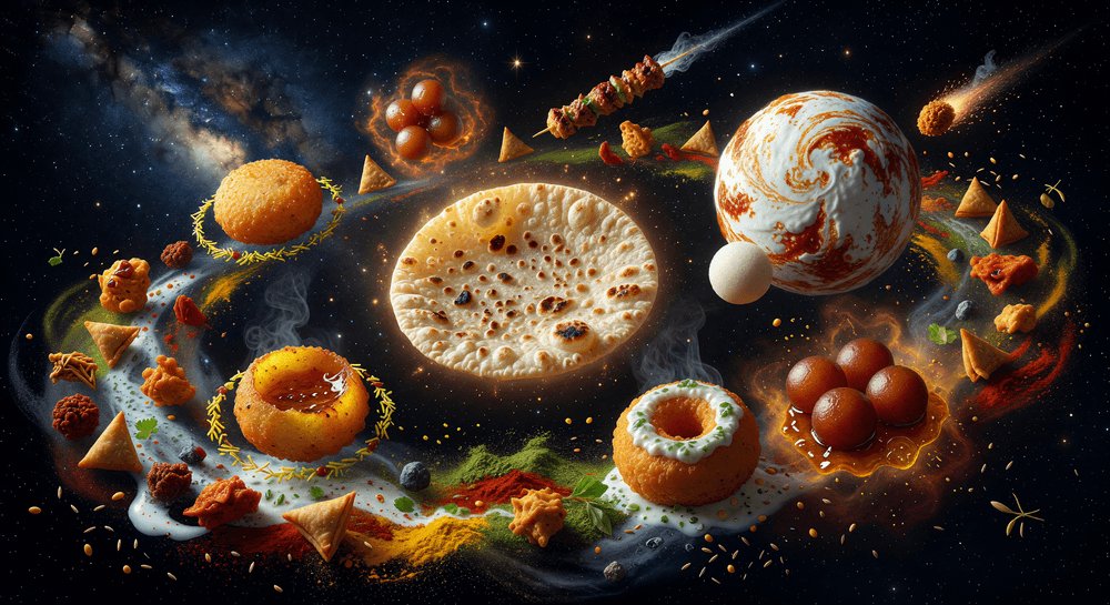 Grok Imagine 图像提示分享。 美食星系： 一个宇宙/太空场景，各种印度街头小吃漂浮在深空中，仿佛它们是美味星系中的行星、卫星和天体。 𝗧𝗛𝗘 𝗙𝗼𝗼𝗱 𝗦𝗼𝗹𝗮𝗿 𝗦𝘆𝘀𝘁𝗲𝗺（太...