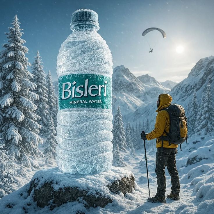 超写实电影感照片：一座巨大的冰冻矿泉水瓶矗立在高海拔高山景观中一块被积雪覆盖的岩石上，周围是覆盖着新雪的茂密松树。矿泉水瓶的品牌名称为 (BRAND NAME)。一位身穿亮红色夹克、背着背包的...
