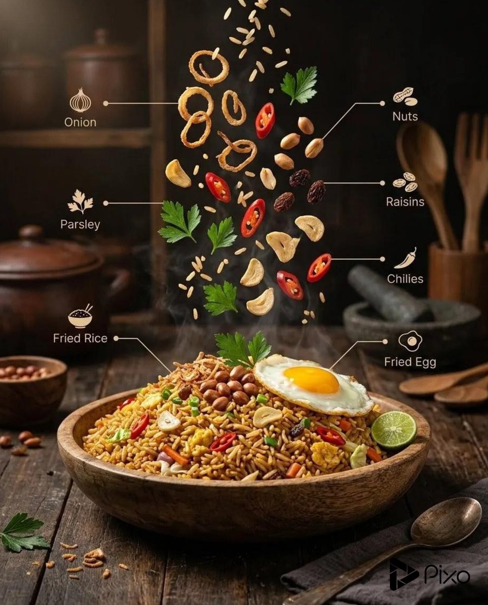 在温馨质朴的厨房环境中,创建一个电影级的高端美食广告场景,食材动态运动,质感丰富、超逼真, Beef curry, Fried rice with egg, Noodles, Curry bo...