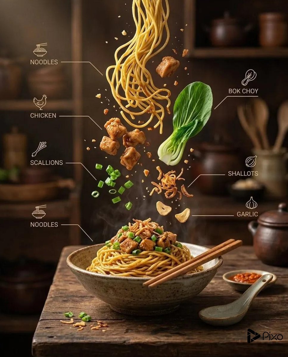 在温馨质朴的厨房环境中,创建一个电影级的高端美食广告场景,食材动态运动,质感丰富、超逼真, Beef curry, Fried rice with egg, Noodles, Curry bo...